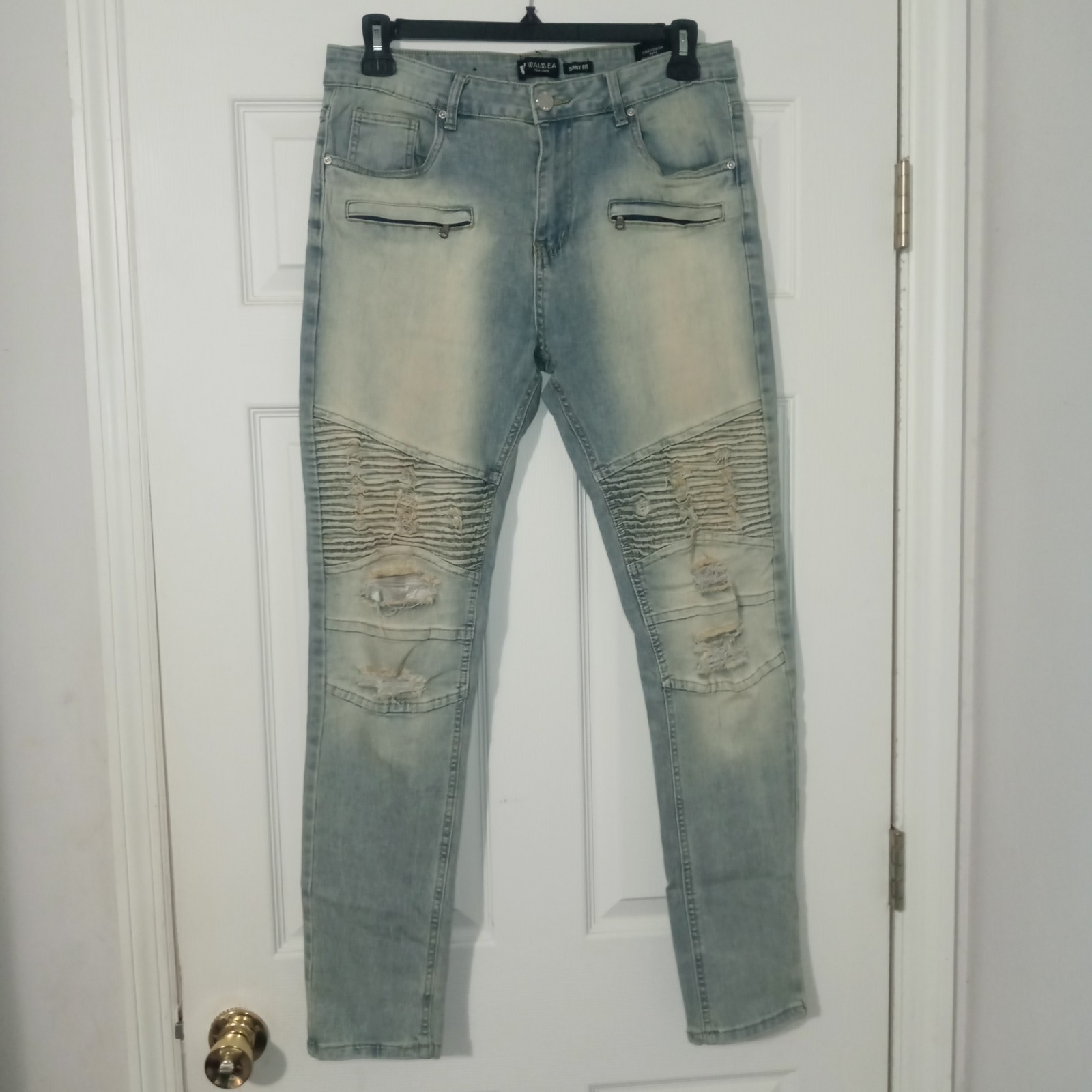 Waimea Men’s Skinny Fit Biker Moto Distressed Jeans Size 34×31 Light Blue