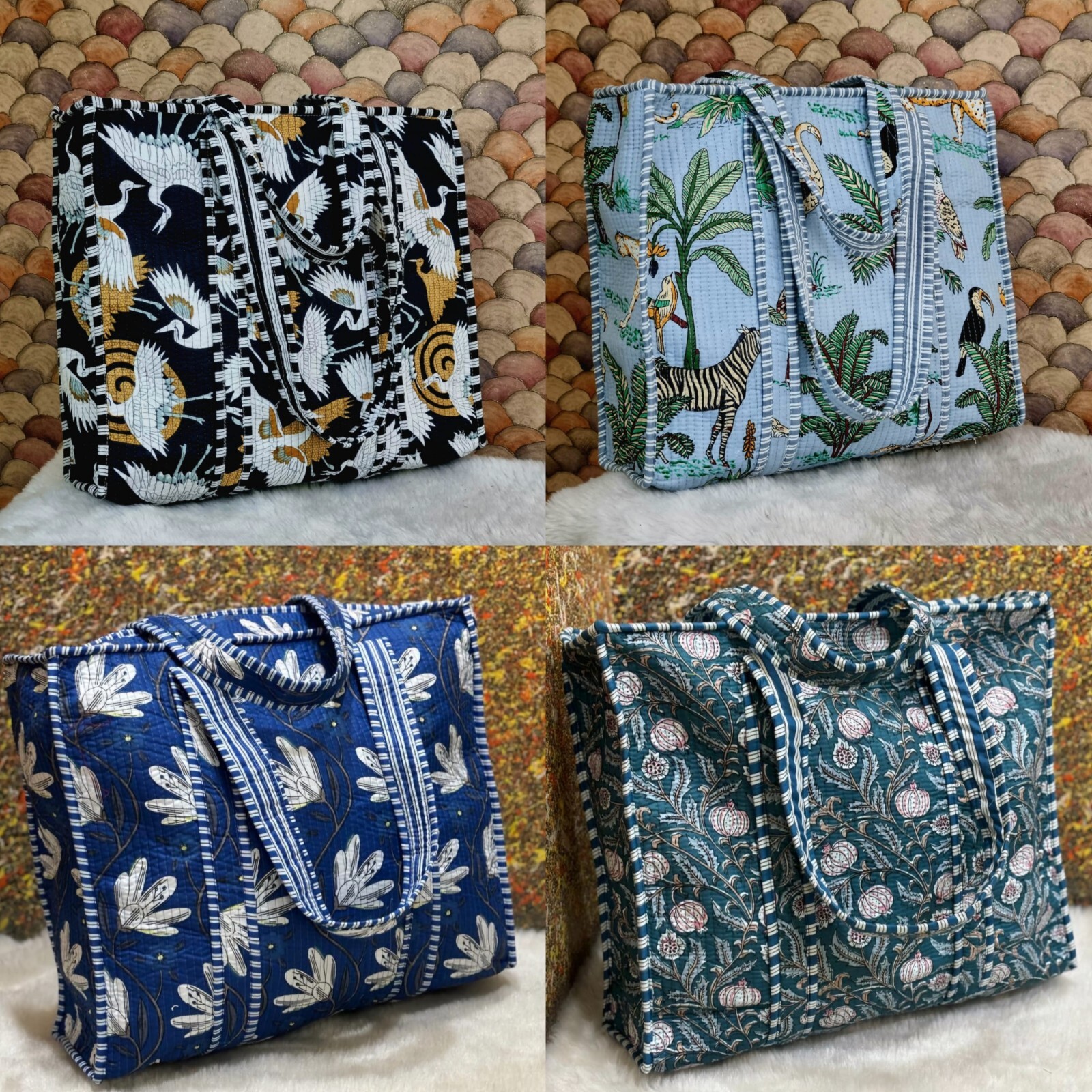 Assorted Pack Boho Quilted Cotton Printed Reversible Tote Bags Shopping Bag