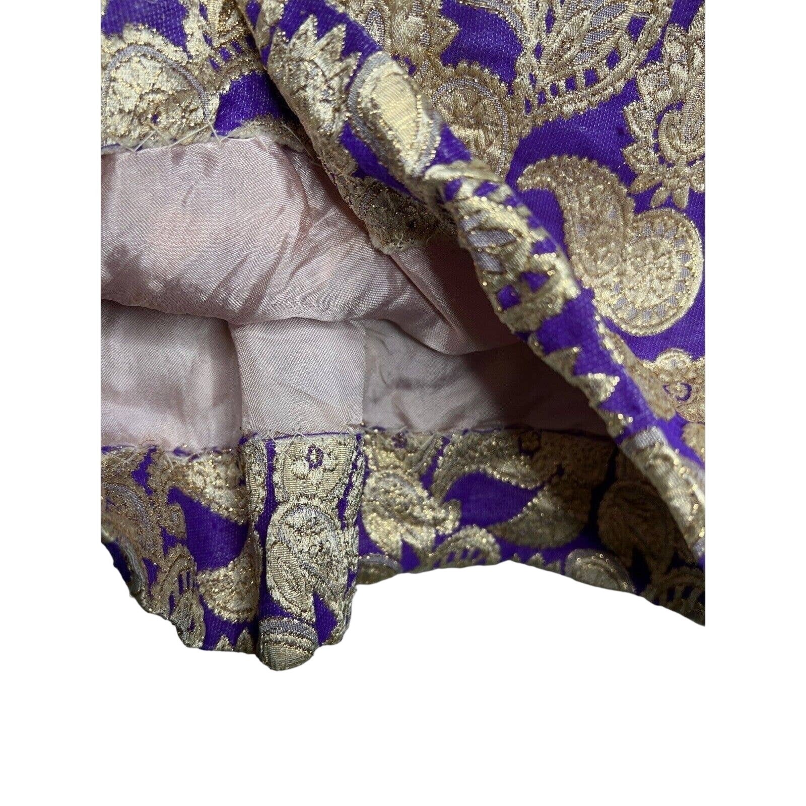 Vintage 70s Size Small Purple Gold Brocade MIni Dress Metallic Paisley MockNeck