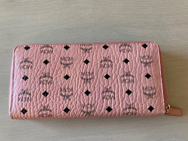 MCM Soft Pink Visetos Zip-Around Wallet Monogram Canvas Natural Nappa Leather