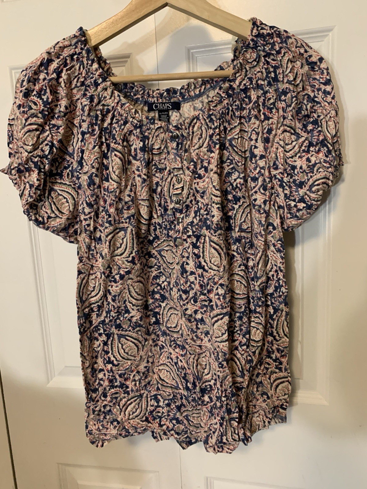 Chaps Womens XL Floral Print Round Neck Cap Sleeve Blouse Top Pink Blue Paisley