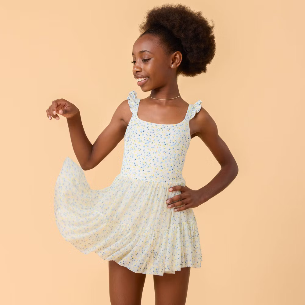 Blogilates Girls’ Mommy & Me Ballerina Ruffle Dress – White Floral Print