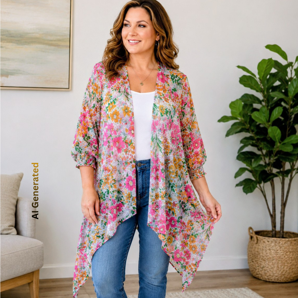 CATO Sheer Waterfall Open Front Cardigan Women Large Multicolor Floral Blouse