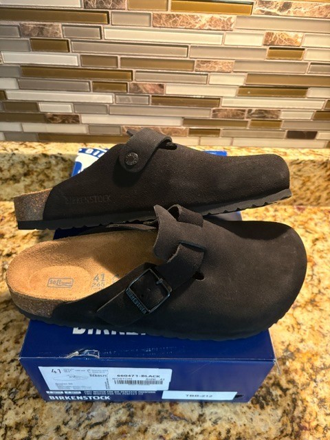 Birkenstock Boston Black Suede Leather Soft Footbed Clogs 41 M8 W10