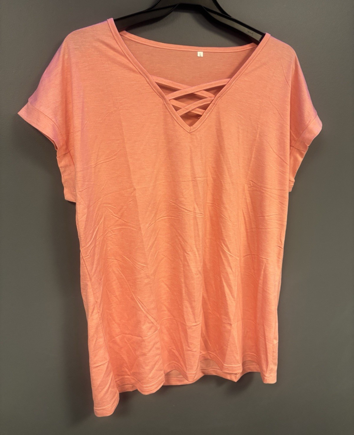 Women’s L Pink V-Neck Crisscross Strap Knit T-Shirt Top Pullover
