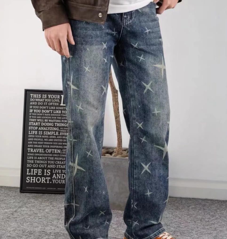 Men’s Denim Blue Jeans Printed Retro Casual Pants Punk Hip Hop Trousers Straight