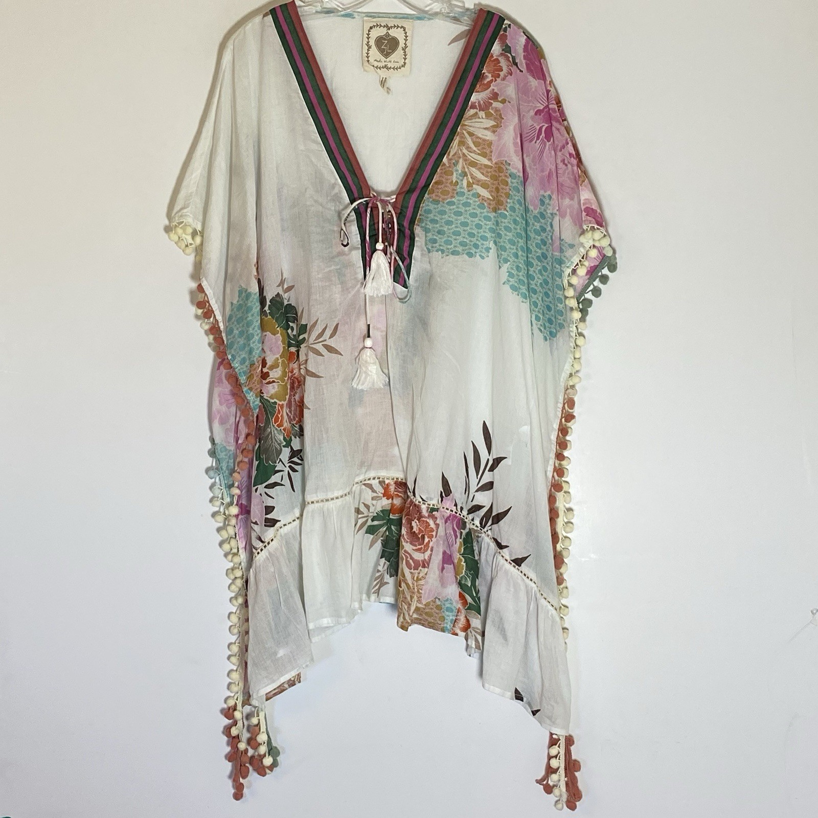 Z&L Top Womens Large White Floral Kimono Art to Wear Cover Up Pom Poms Lace Boho