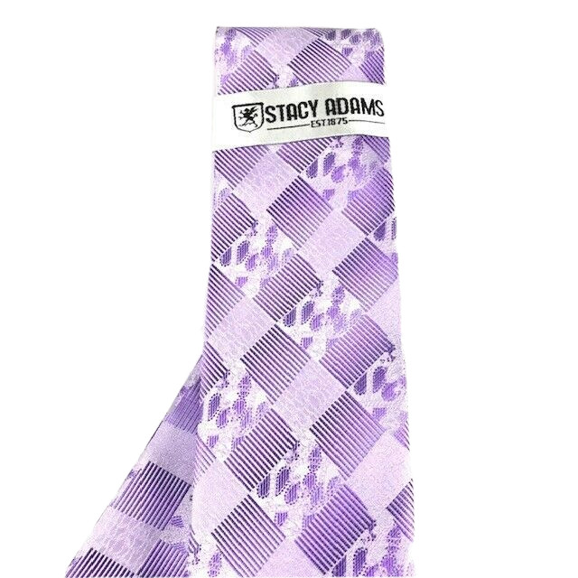 Stacy Adams Men’s Tie Hanky Set Purple Lavender Plaids Checks 3.25 Inches Wide