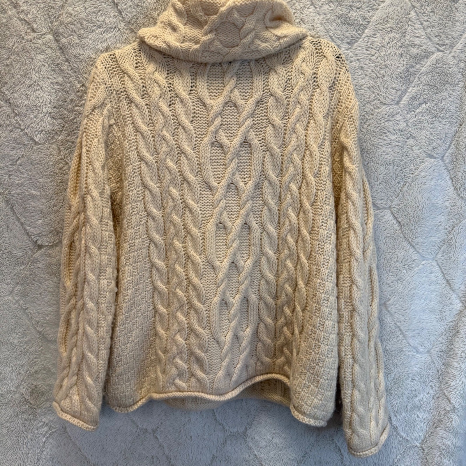 Inis Crafts Ireland Merino Wool Fisherman Cable Knit Cowl Neck Sweater Cream M L