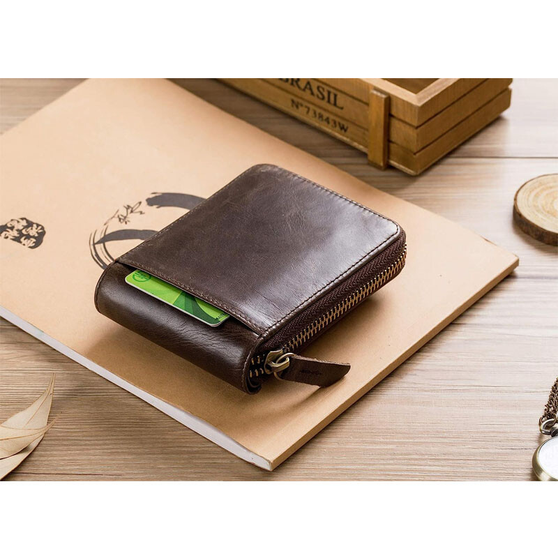 Zipper Wallet Mens Genuine Leather RFID Blocking Bifold Zip Around Card Holder W