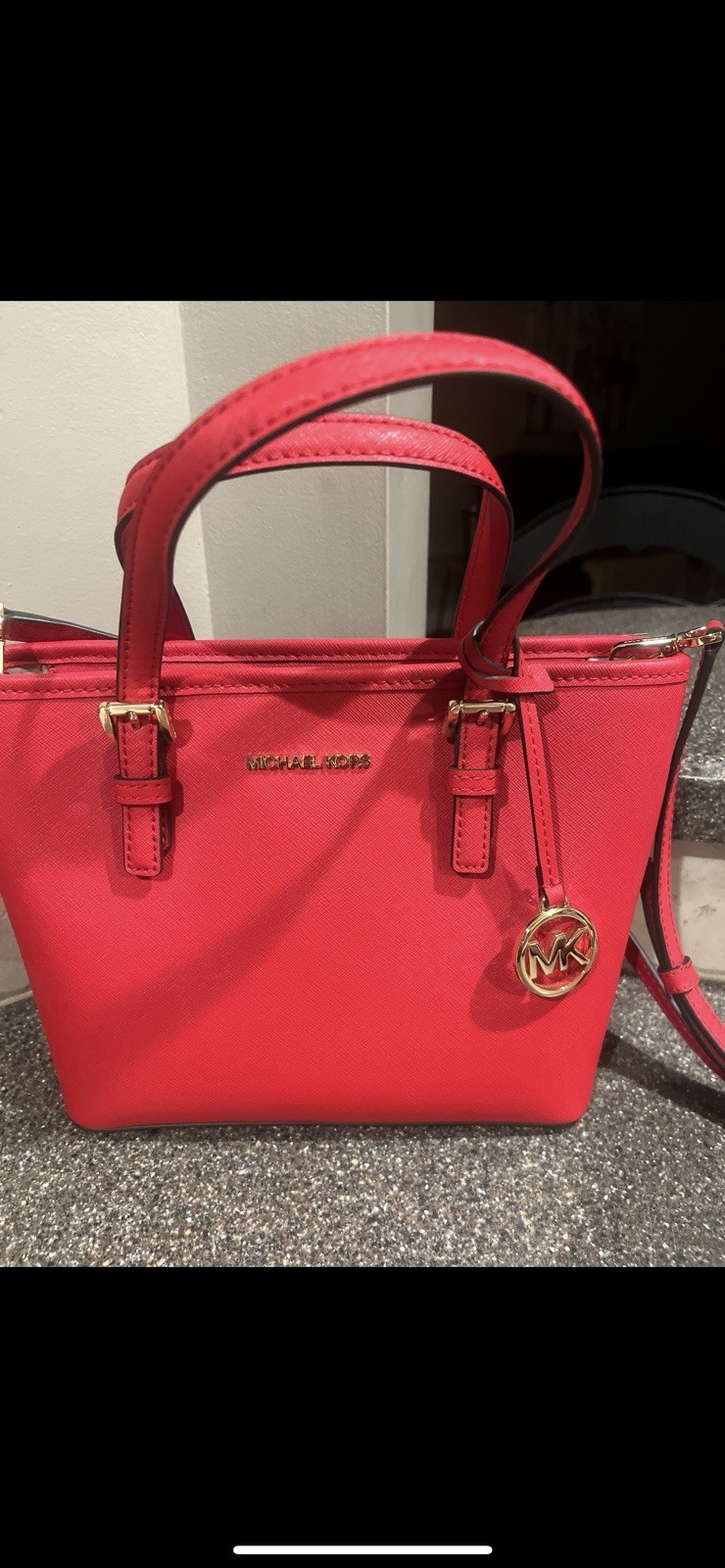 Michael Kors Red Small Satchel Zip w Detachable Crossbody Strap MK Charm