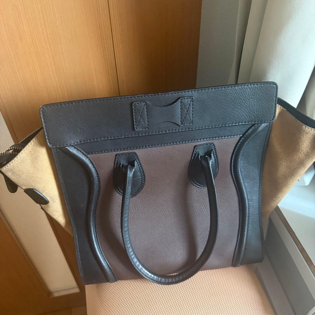CELINE Luggage Tote Handbag Tricolor Black Brown Beige Leather Suede Pre-Owned