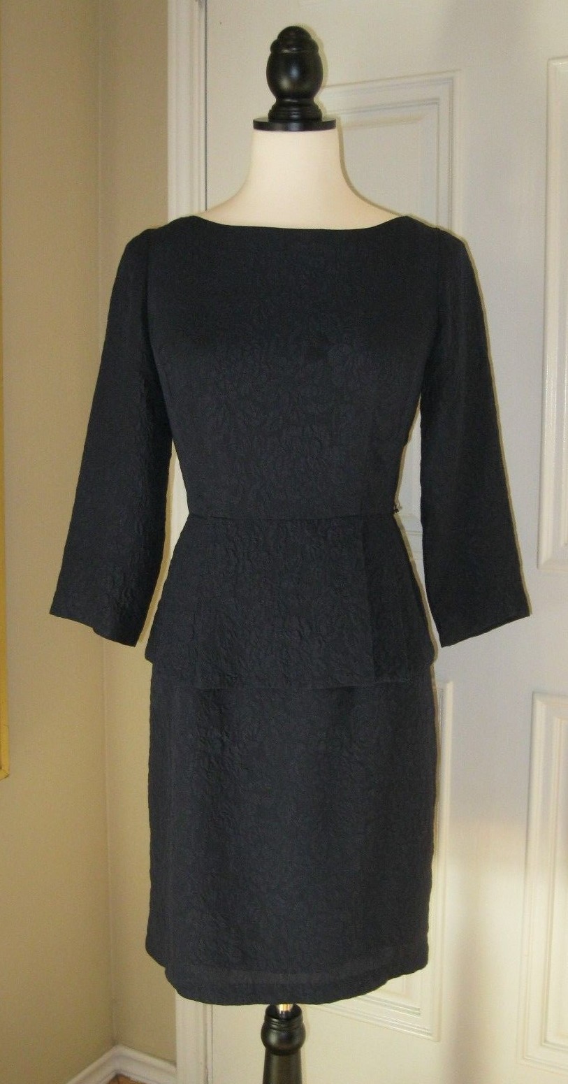 NANETTE LEPORE Navy Silk Tonal Jacquard Disco Jazz Peplum Dress ~ SZ 2