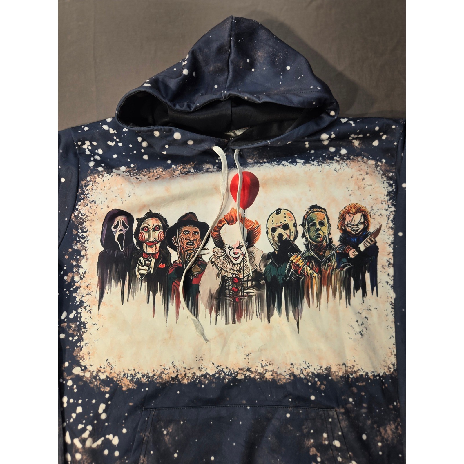 Horror Movie Characters Bleached Hoodie Navy Blue Slasher Graphic Sweatshirt XL