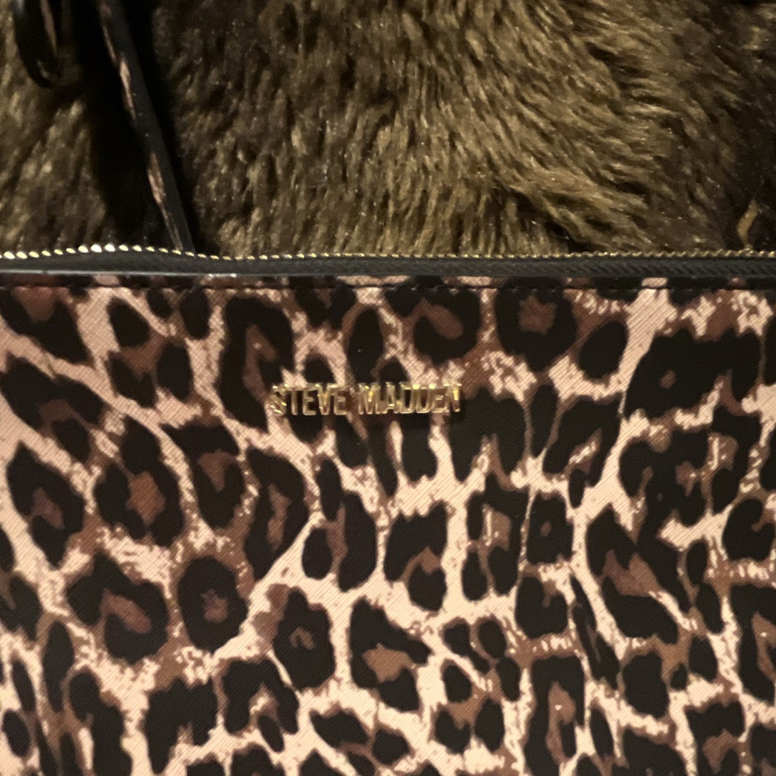 Steve Madden Animal Print Crossbody Bag Brown Black Gold Hardware Zip, Pockets