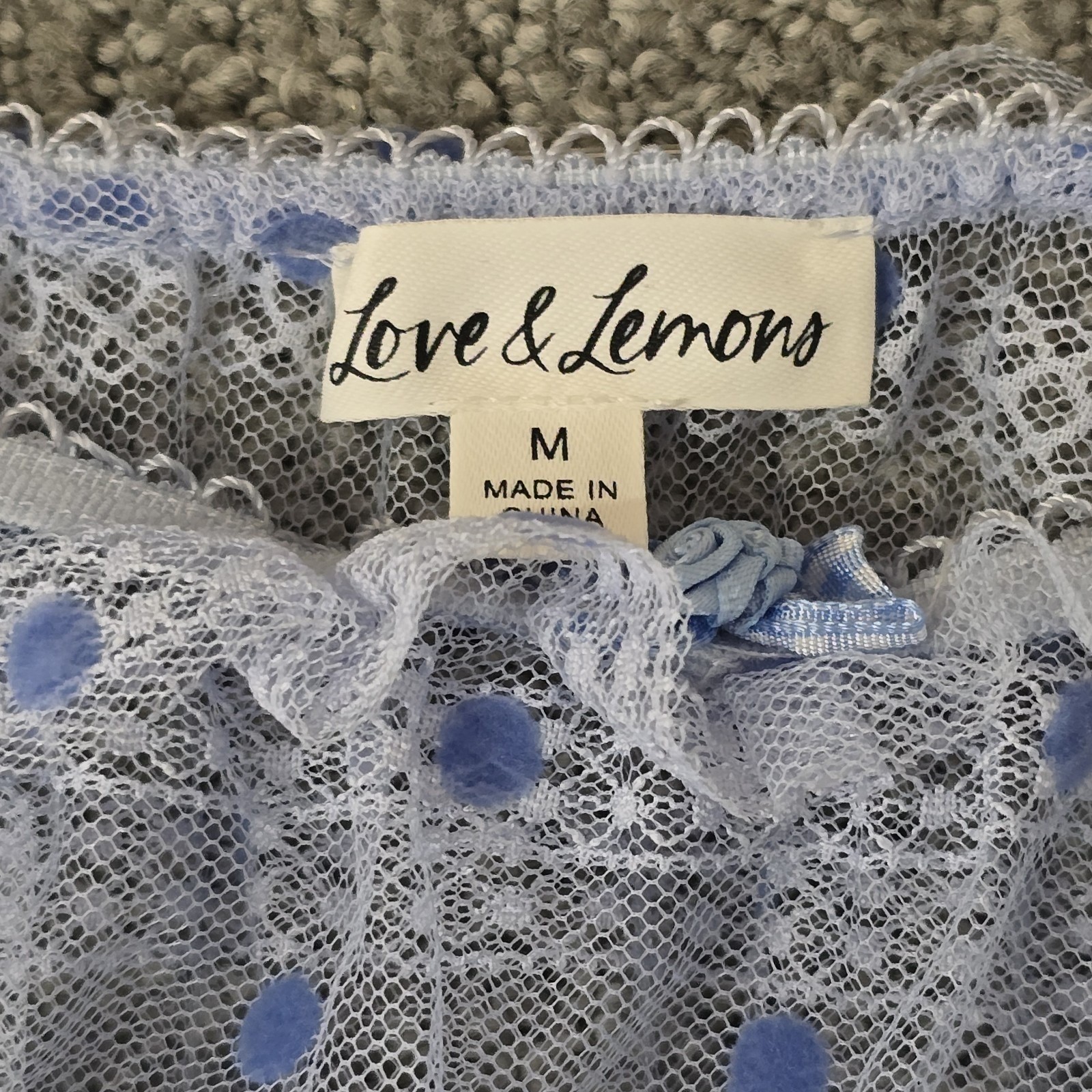 For Love & Lemons Blue Polka Dot Lace Ruffle Mini Dress Sheer Romantic M