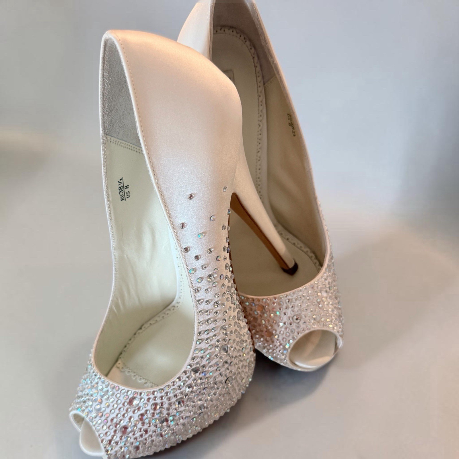 Benjamin Adams London ‘Vero Cuoio’ Crystal Heels – Satin Peep-Toe, Size 8