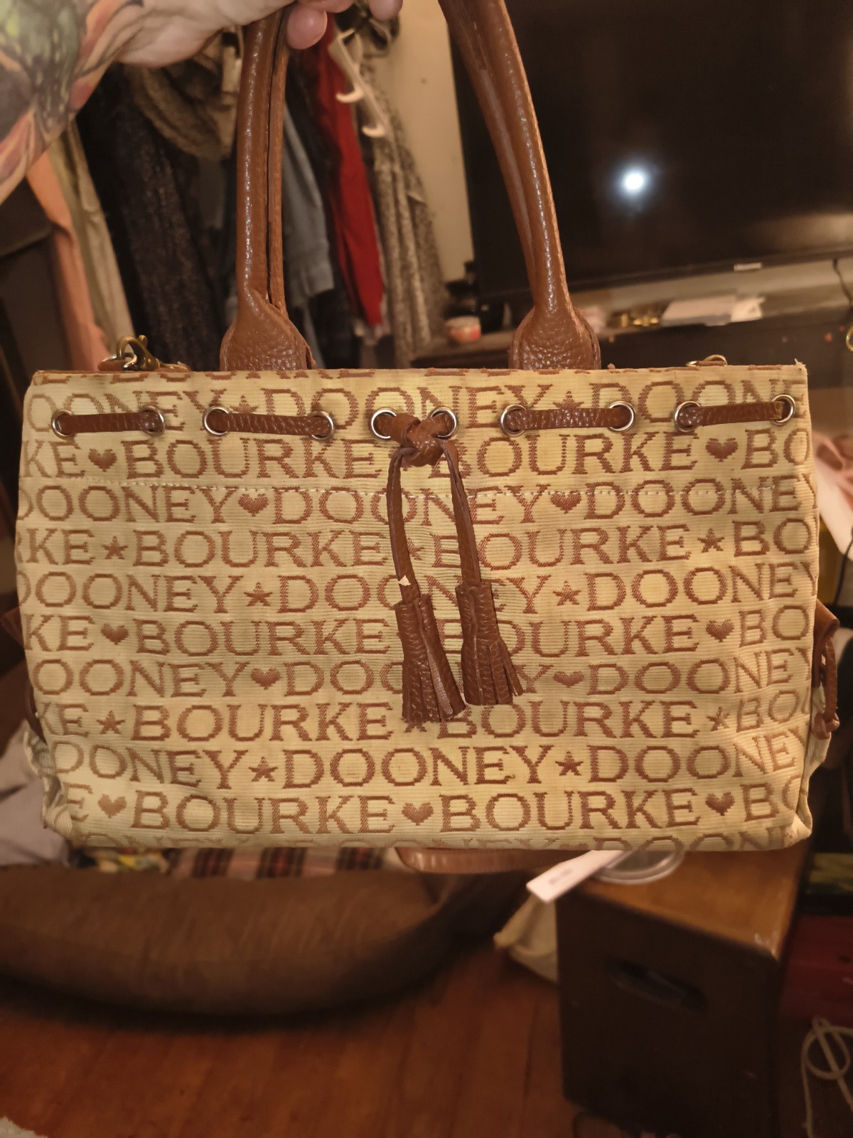 Dooney & Bourke Logo Satchel Top Handle Beige Brown Strap Blue Lining Gold