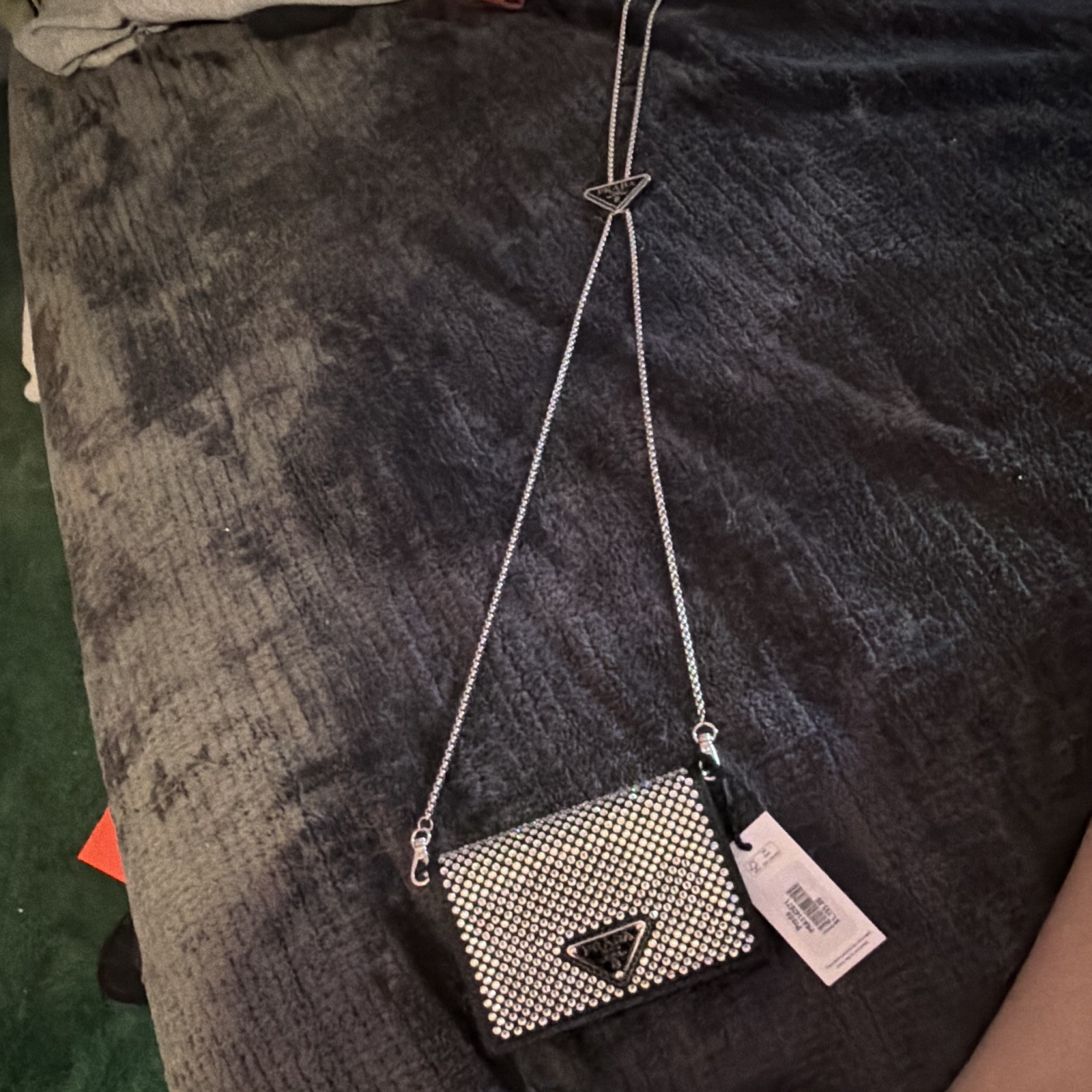 PRADA Rhinestone Crystal Mini Chain Crossbody Bag/Wallet Black Silver Snap