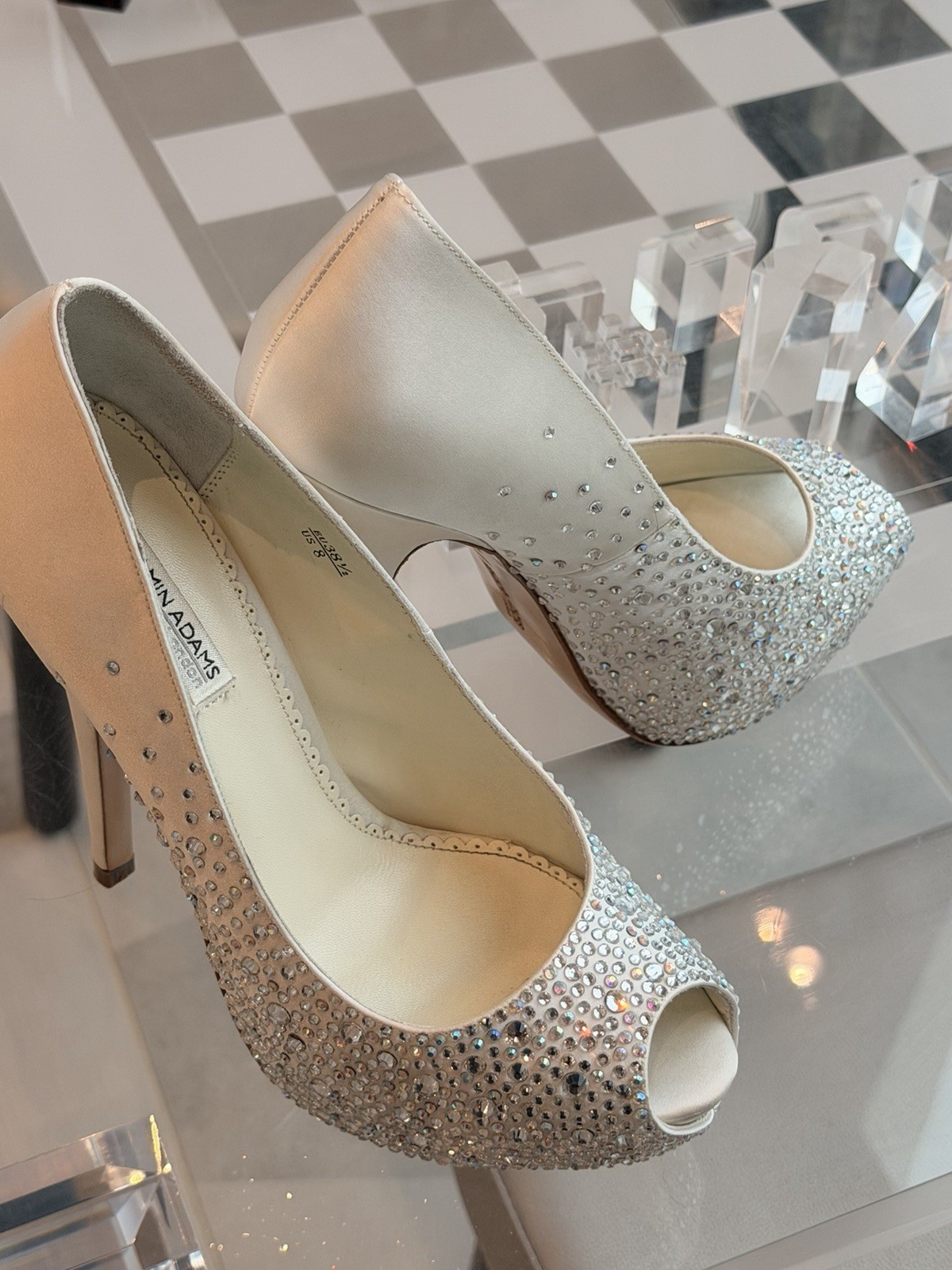 Benjamin Adams London ‘Vero Cuoio’ Crystal Heels – Satin Peep-Toe, Size 8