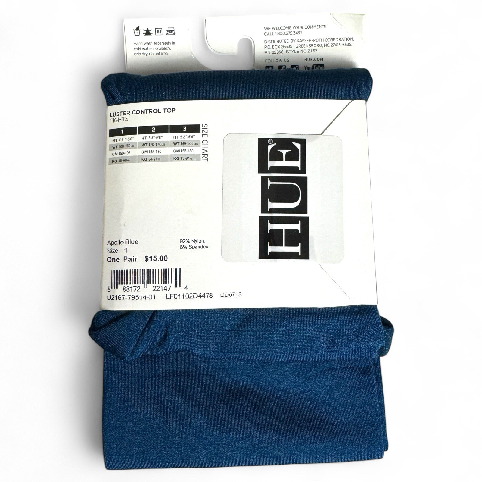 HUE Apollo Blue Luster Control Top Tights Womens Size 1