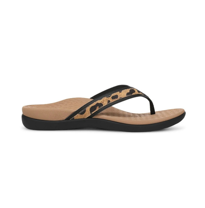 VIONIC Womne’s Tide 2.0 Toe Post Sandal, Black Leopard Print Suede