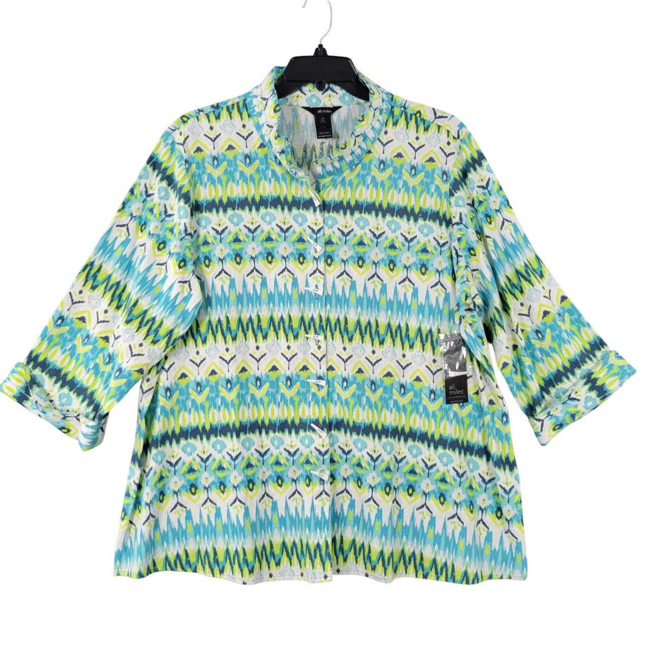 NWT ALI MILES Blue Green Ikat Floral Linen Artsy Toggle Button Up Top SIZE 2X