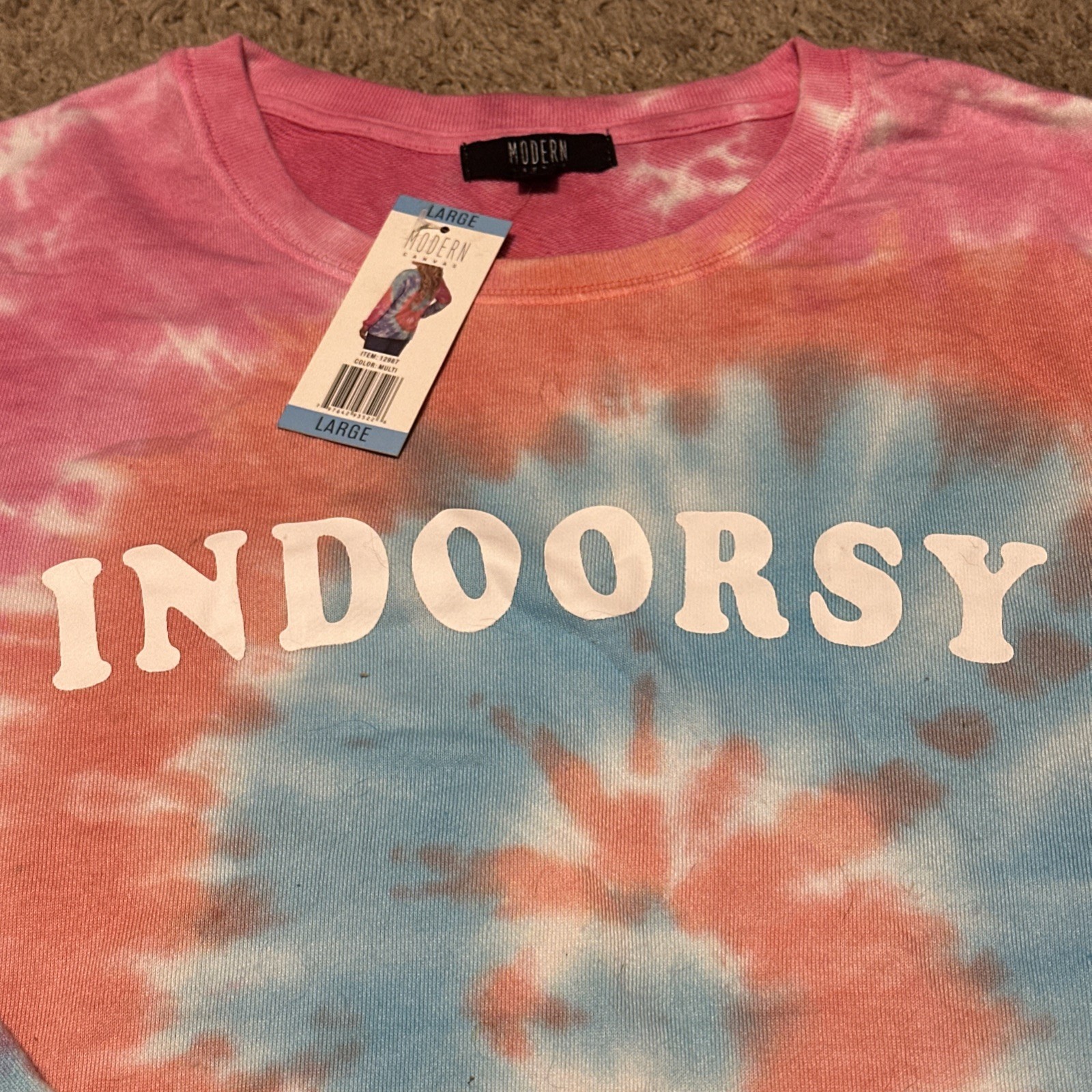 Modern Canvas Tie Dye ‘Indoorsy’ Novelty Sweatshirt Pink Orange Blue Funny Sz L