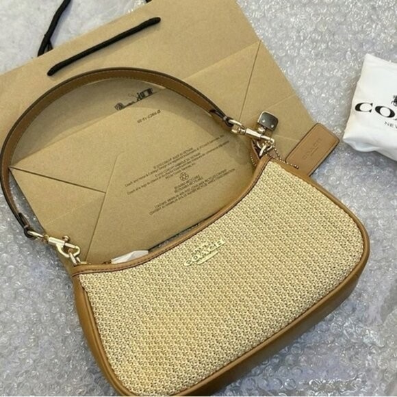 COACH CR350 Teri 2way Shoulder Bag Straw Leather Latte Multi outlet New