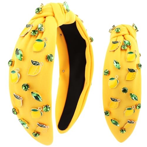 Rhinestone Jeweled Knotted Headbands for Women Girls, Fashion Cute Yellow Lemon