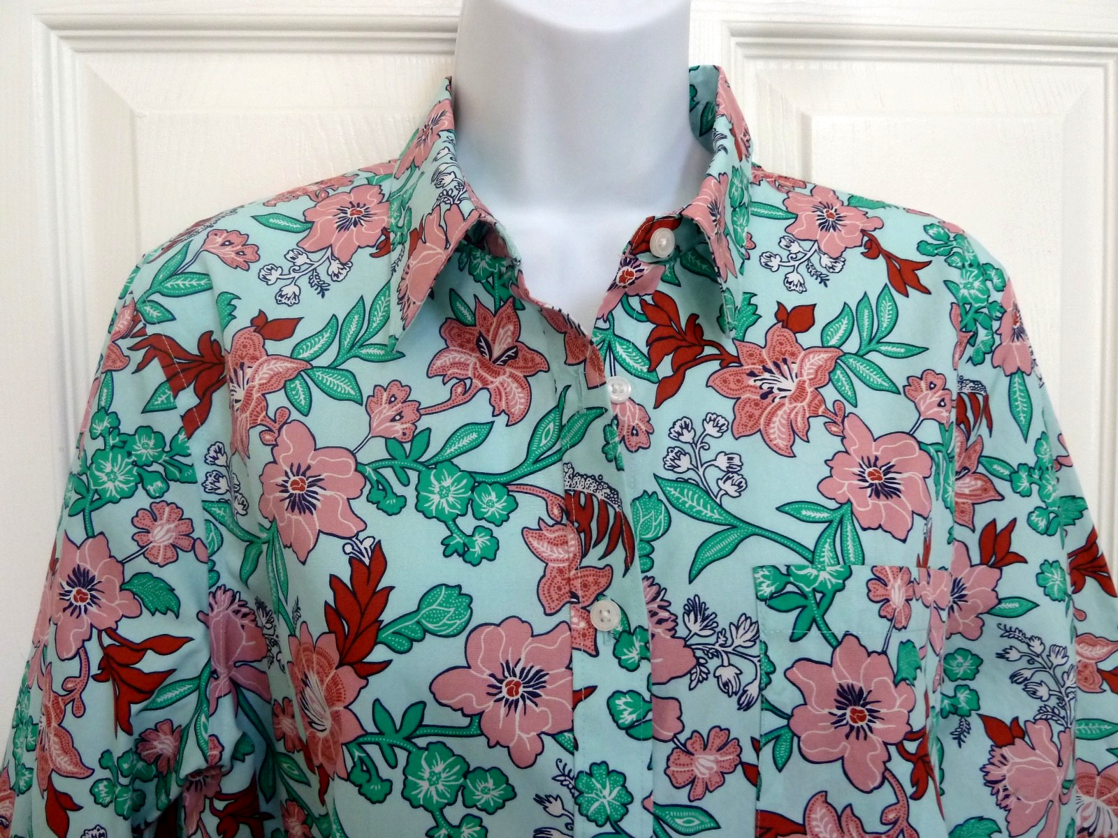 LANDS’ END Sz 12 No Iron Supima Cotton Tunic Blouse Floral Colorful 3/4 Sleeve
