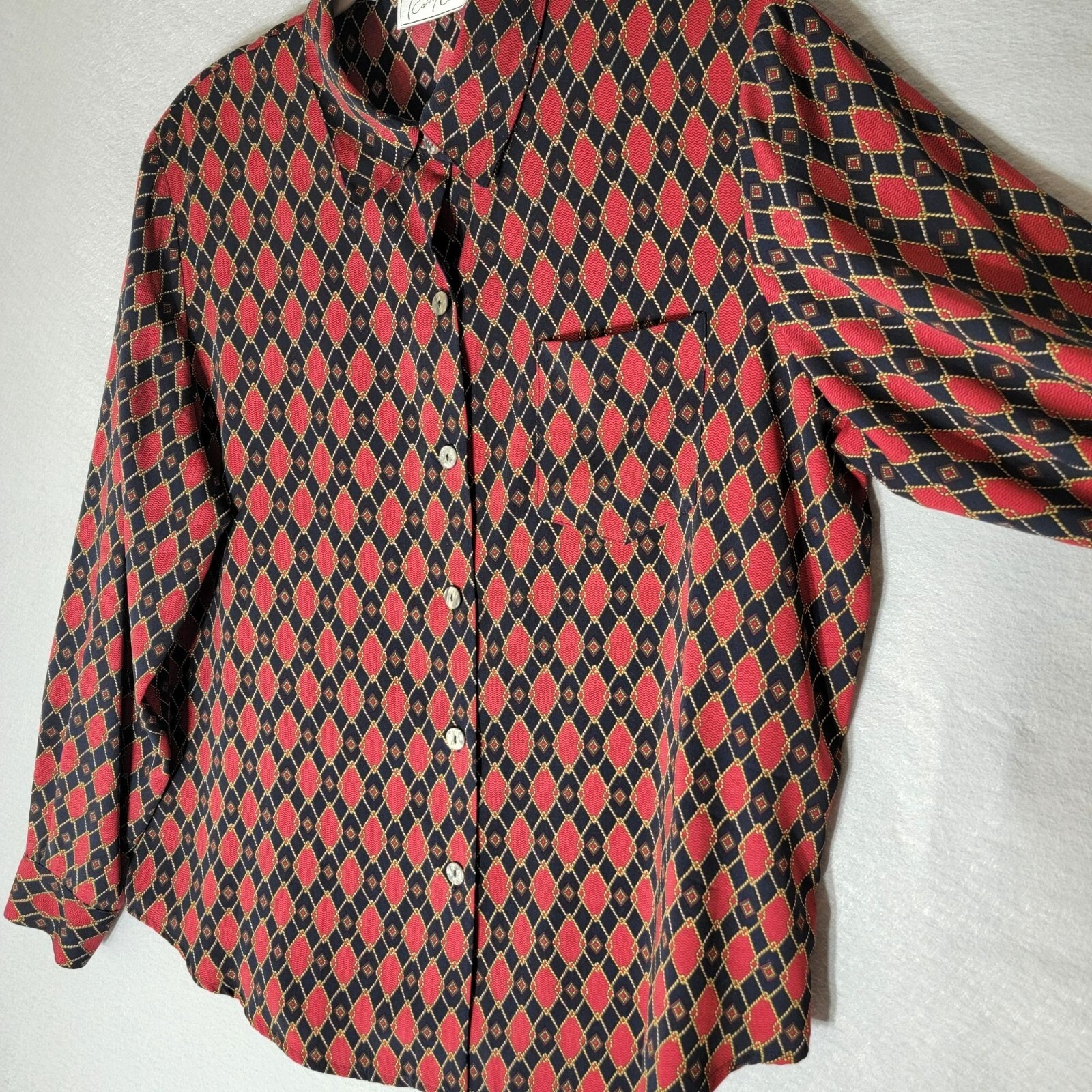 Vtg Secretary Blouse Womens 1X Chain Print Buttons Padded Retro Office Mature