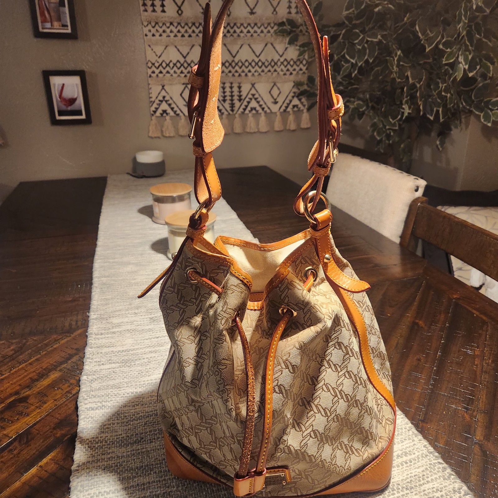 Dooney & Bourke Logo Bucket Drawstring Shoulder Bag Beige/Brown Gold Hardware