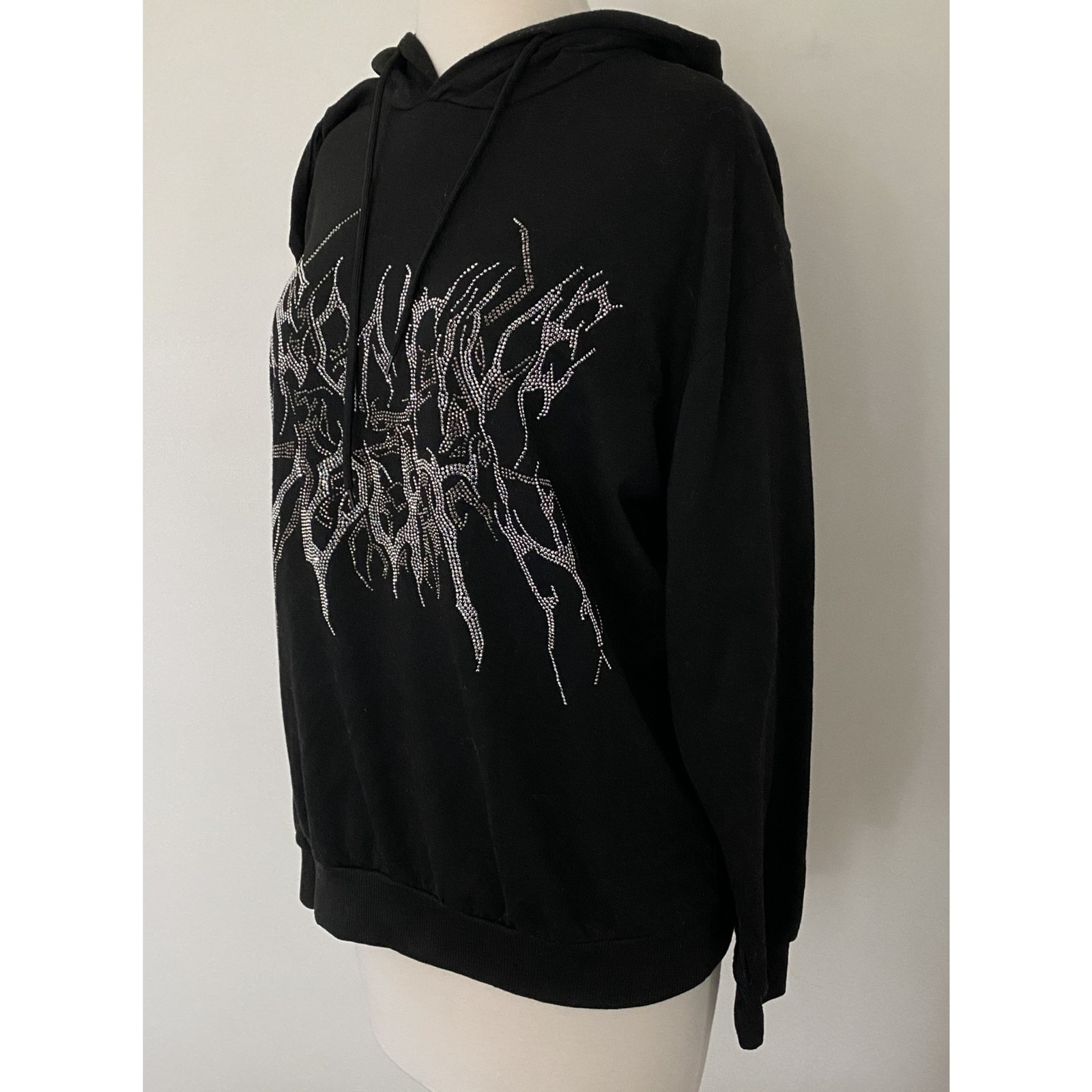 Shein Rhinestone Letter Print Black Hoodie Mens Drawstring Streetwear Fashion M