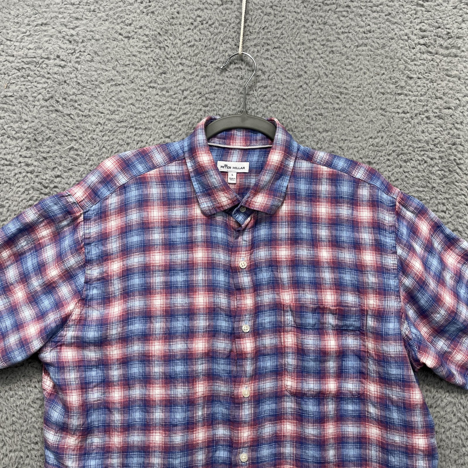 Peter Millar Linen Shirt Mens Large Blue Purple Red Plaid Short Sleeve
