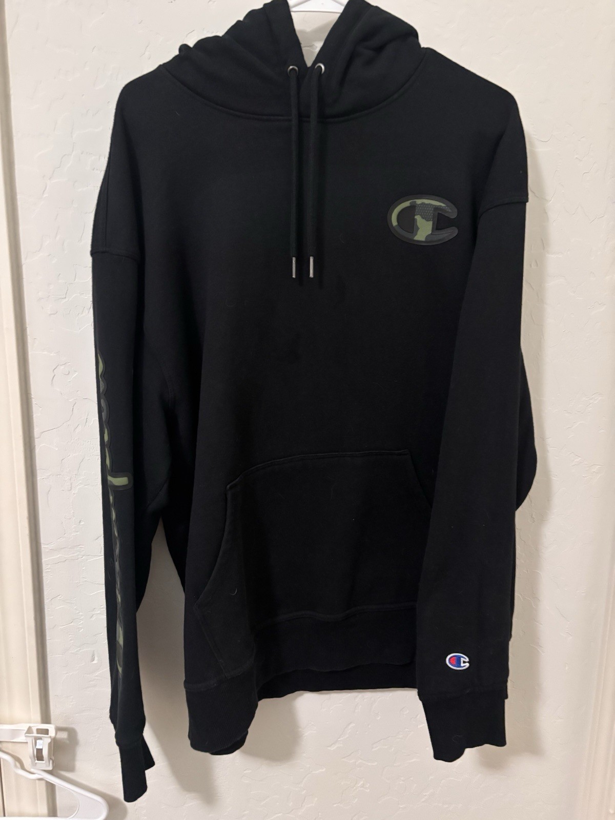 Champion Powerblend Black Fleece Pullover Hoodie Logo Pouch Pocket Mens XL