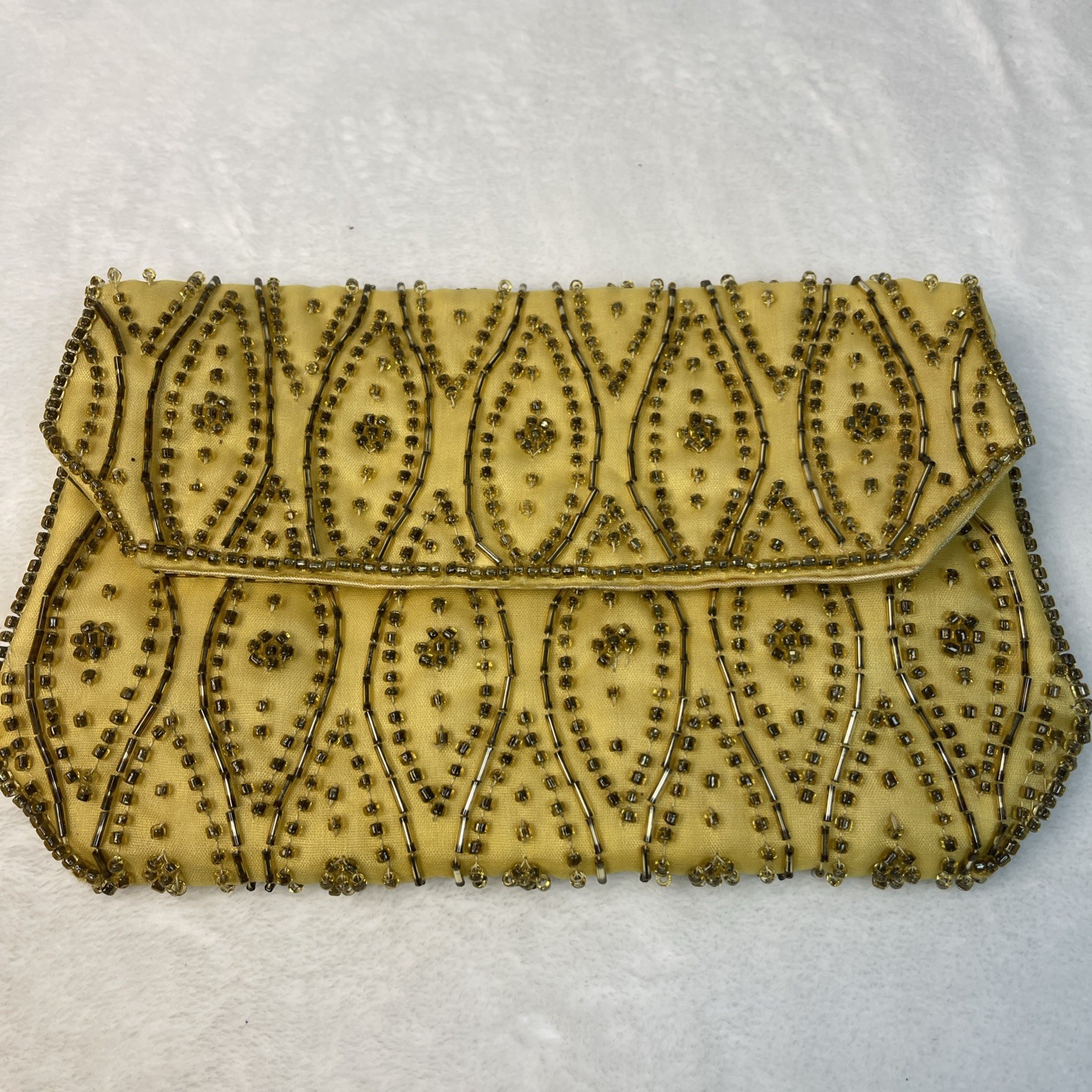 Vintage La Royale Japan Yellow Beaded Evening Clutch Satin Lined 7.75″