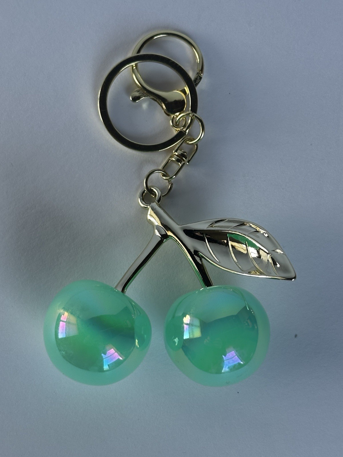 Iridescent Gloss Mirrored Cherry Bag Charms Keychain Gold + Velvet Dustbag