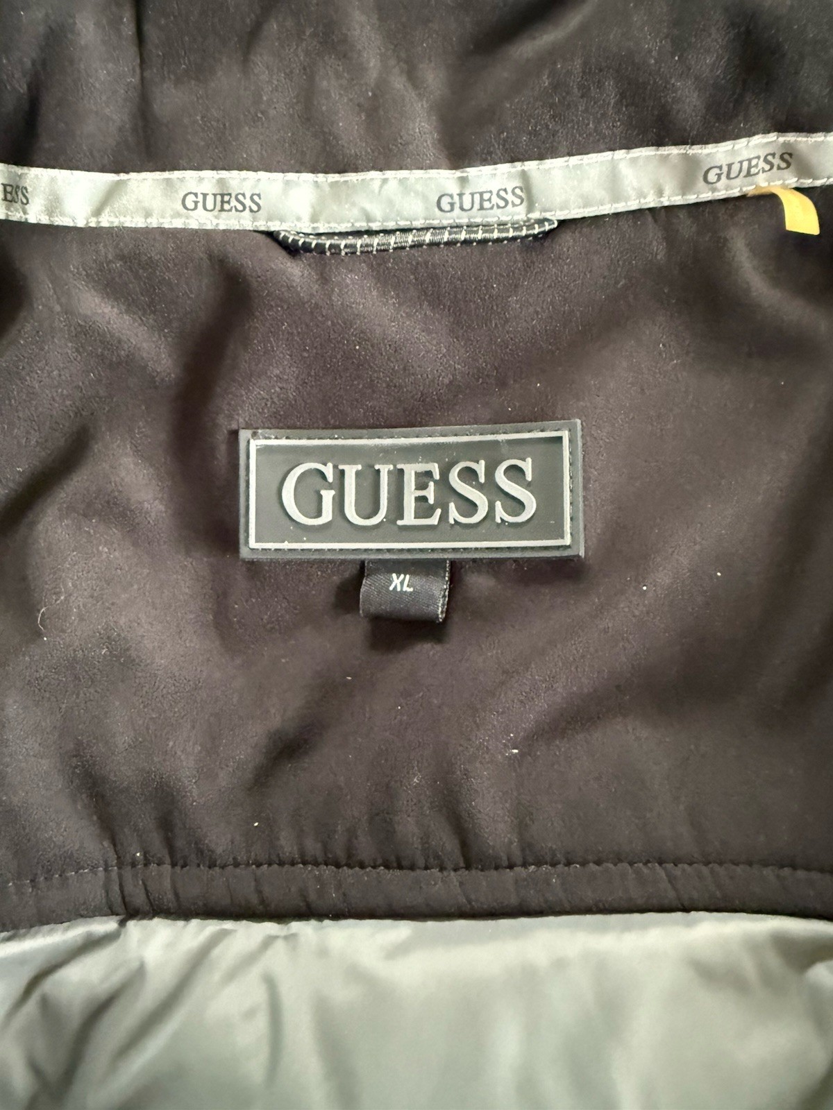 GUESS Puffer Jacket Black Quilted Zipper Logo Band Collar Lightweight Size XL