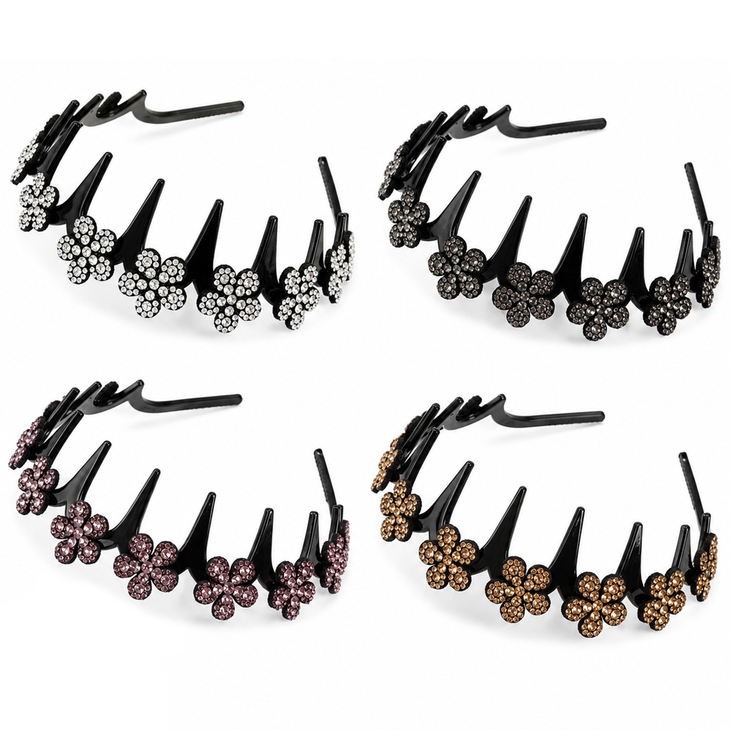 4PCS Glitter Rhinestone Butterfly Flowers Crystal Wavy Teeth Headband for Women