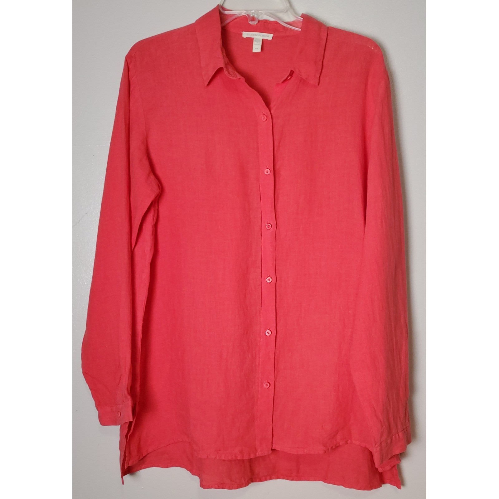 Eileen Fisher Organic Linen Coral Medium Long Sleeve Button Up Shirt Classic