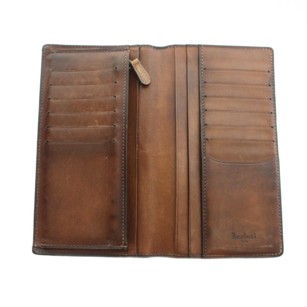 Berluti Long Wallet Script Leather Bi-fold Brown Men’s 19cm x 10.5cm x 1.3cm