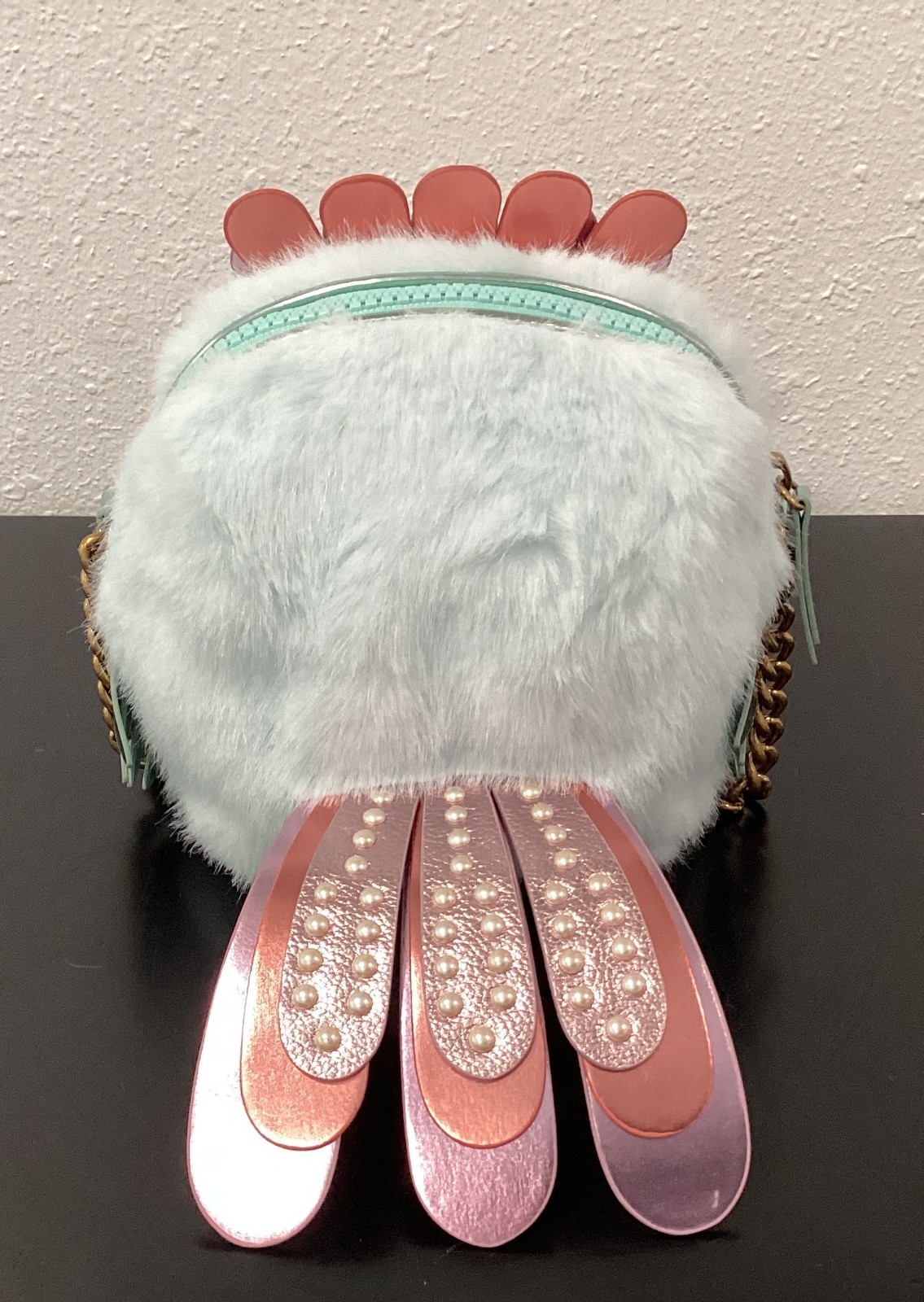 Kurt Geiger Faux Fur Soft Eagle Bag 6″ x 6″ x 4.5″ Crossbody Blue Pink Crystals