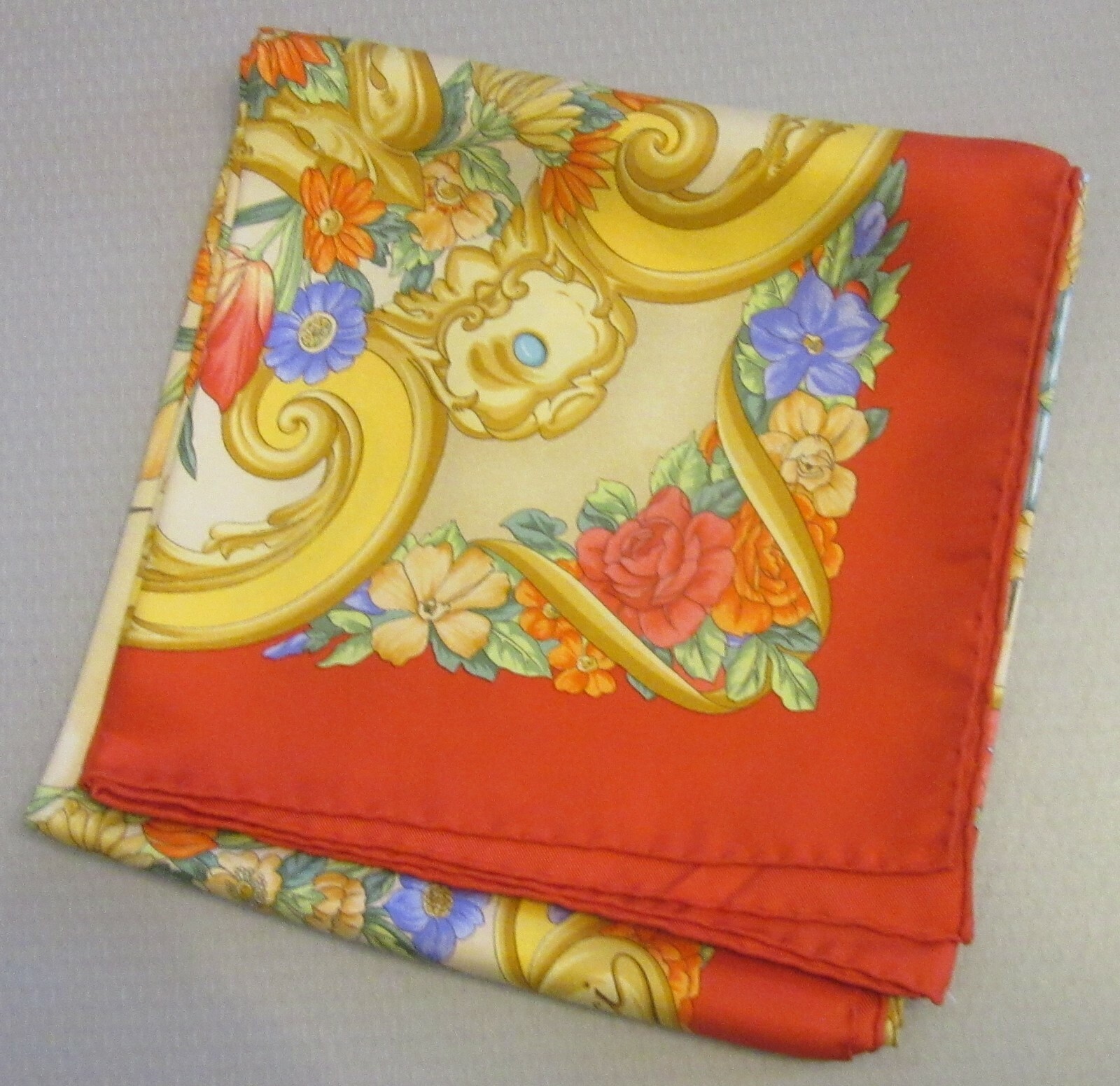 vintage Gucci Silk Scarf Red Border Compass Rose Botanical 35″ square