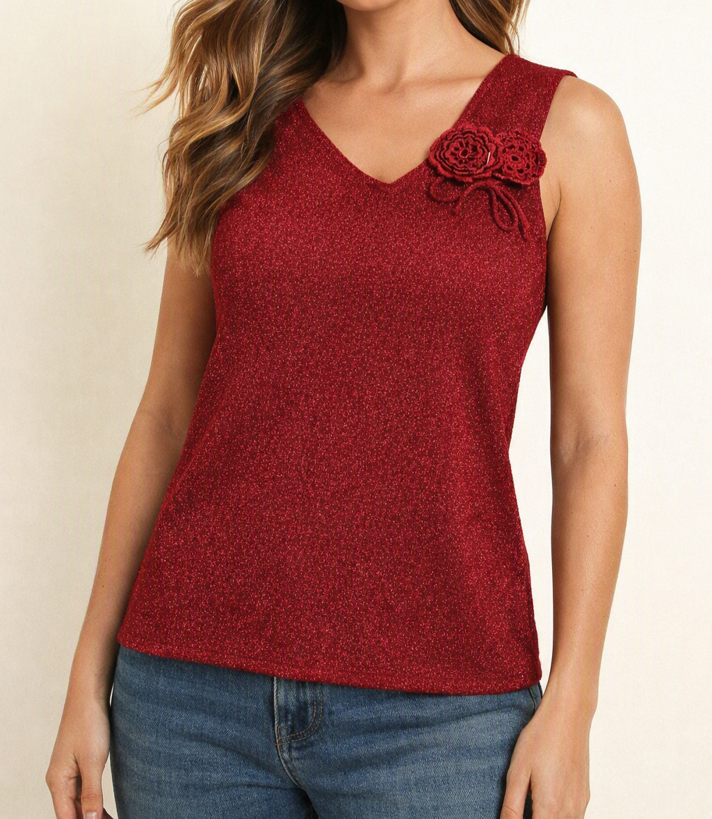 Dorothy Perkins Red Glitzy Sleeveless Top Size 14 Small Fit Floral Detail