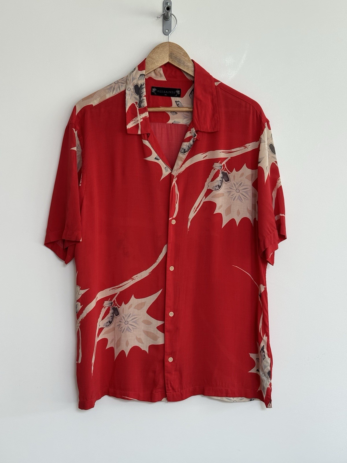 Allsaints “Mokapu” Short Sleeve Shirt Festival Splat Floral Print Red XL