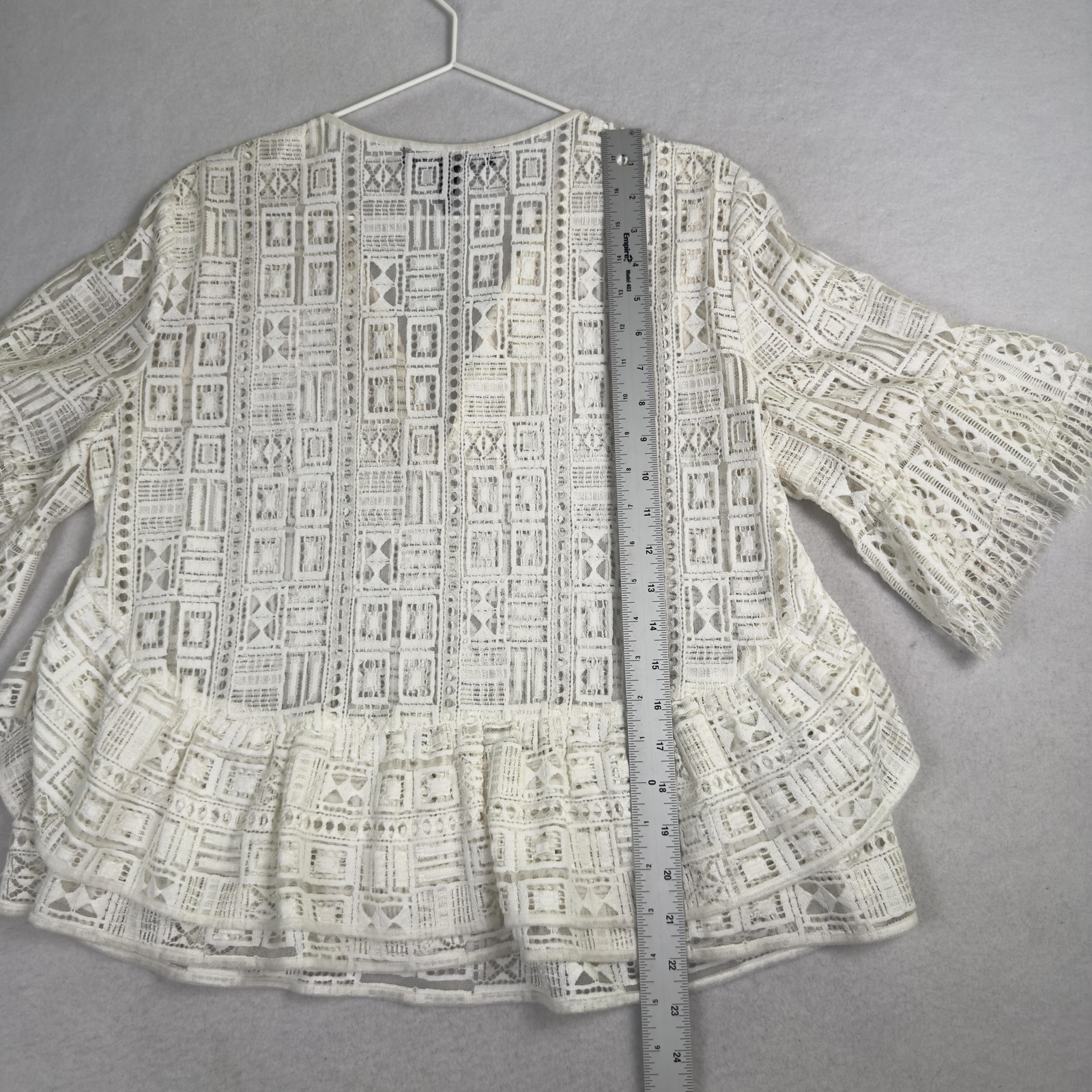 BCBGMAXAZRIA Lace Peasant Top Boho Crochet Bell Sleeve Sheer White Sz M