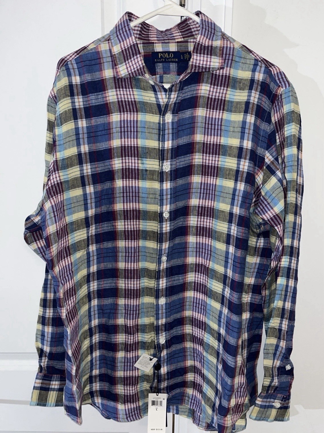$125 NWT New Polo By Ralph Lauren Mens 100% Linen Plaid Blue LS Summer Shirt L