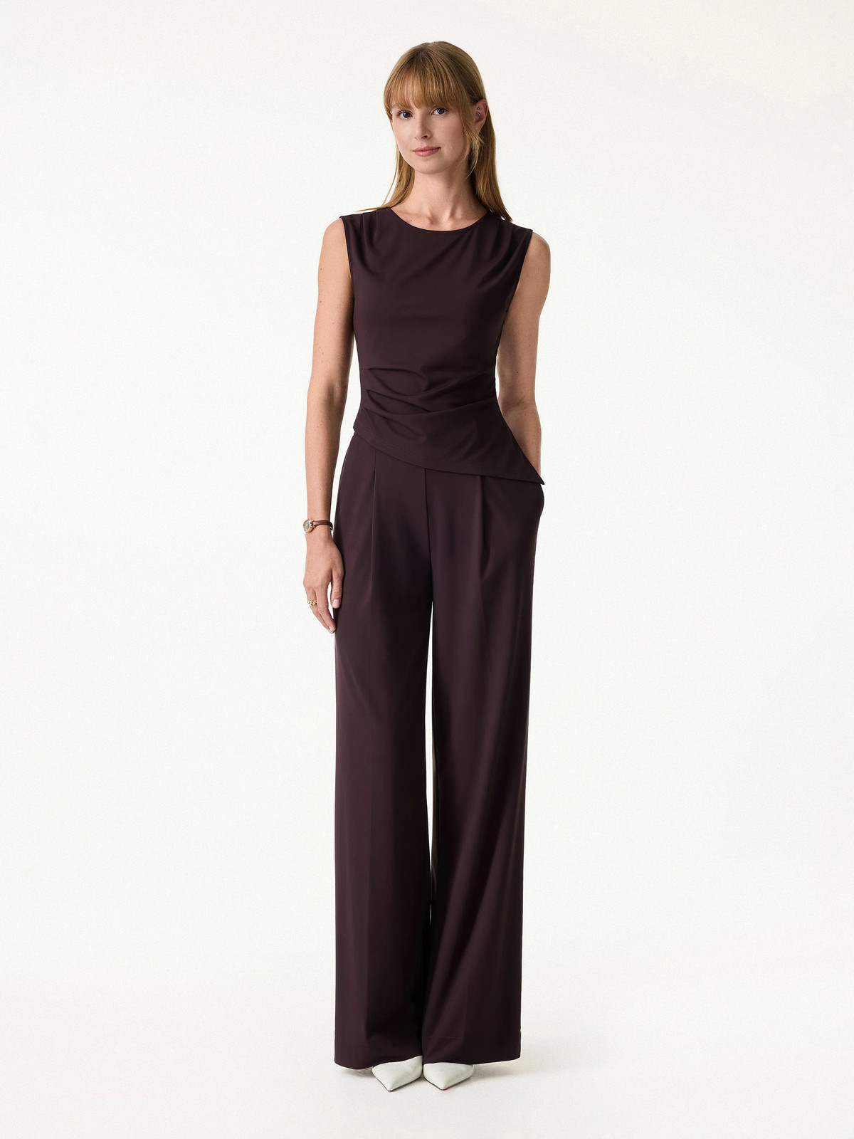 2Pcs Set Tucked Asymmetrical Hem Top & High Rise Wide Leg Pant