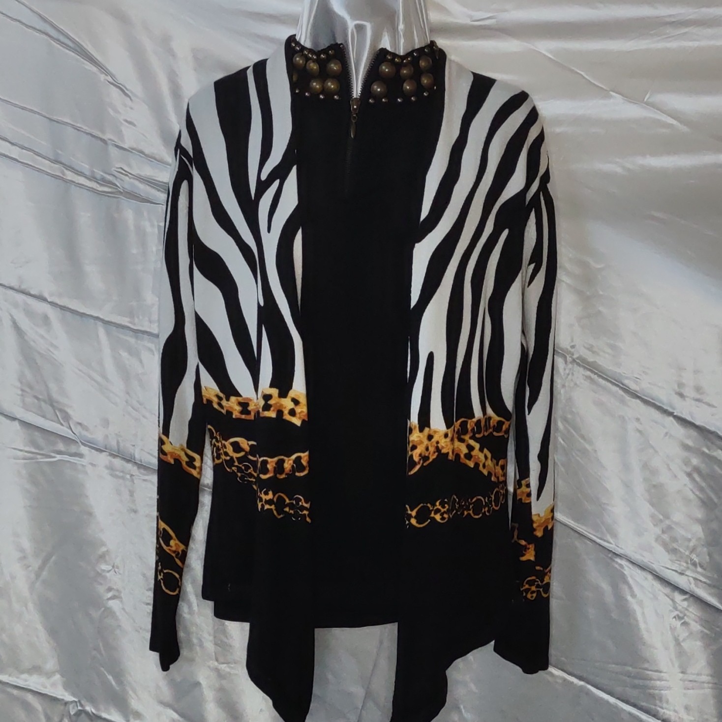 Pieri New York Animal Print Stretch Knit Zip Neck Studded Long Sleeve Top L